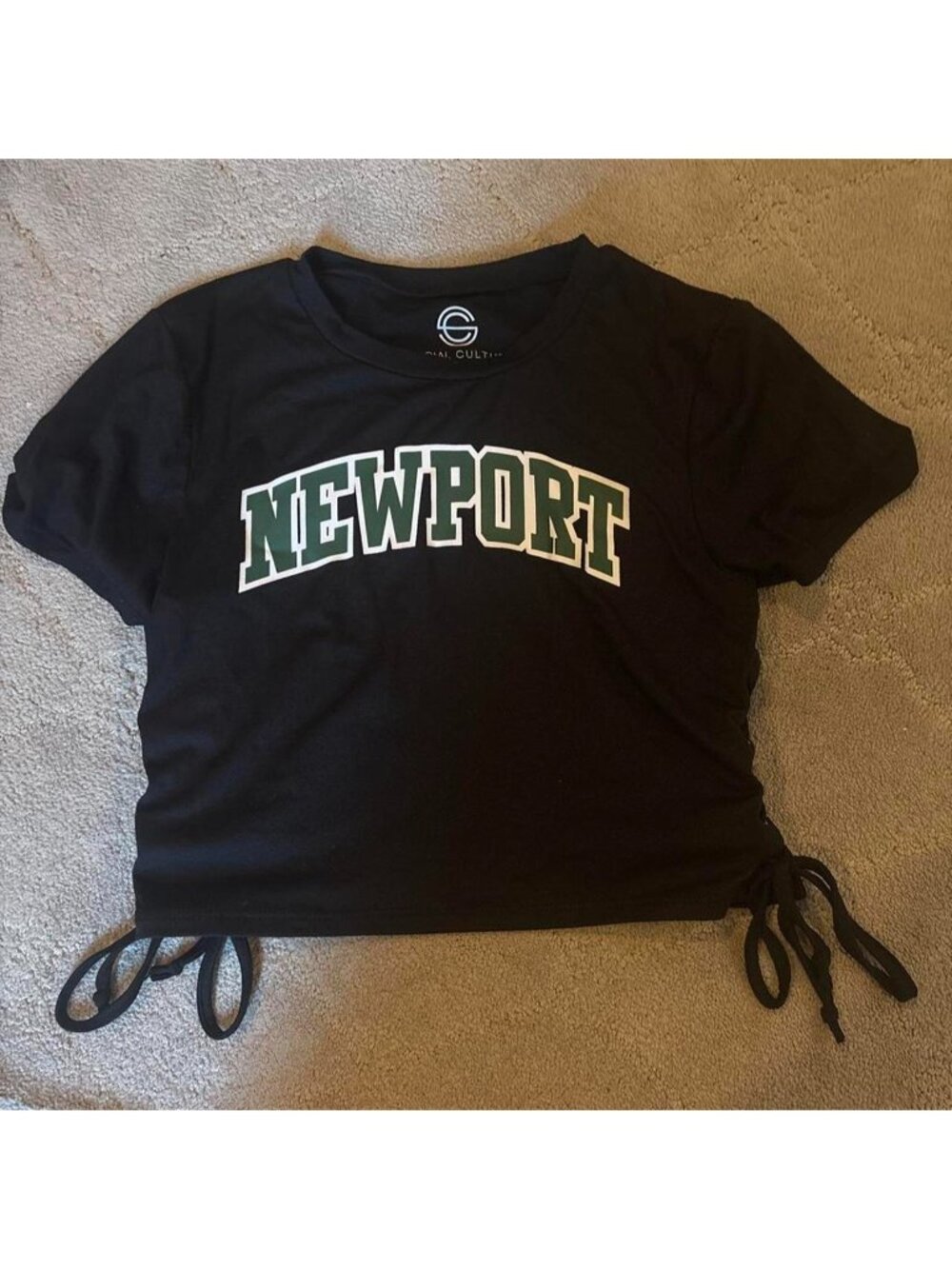 Black cropped tie front tee with white and green 'NEWPORT'